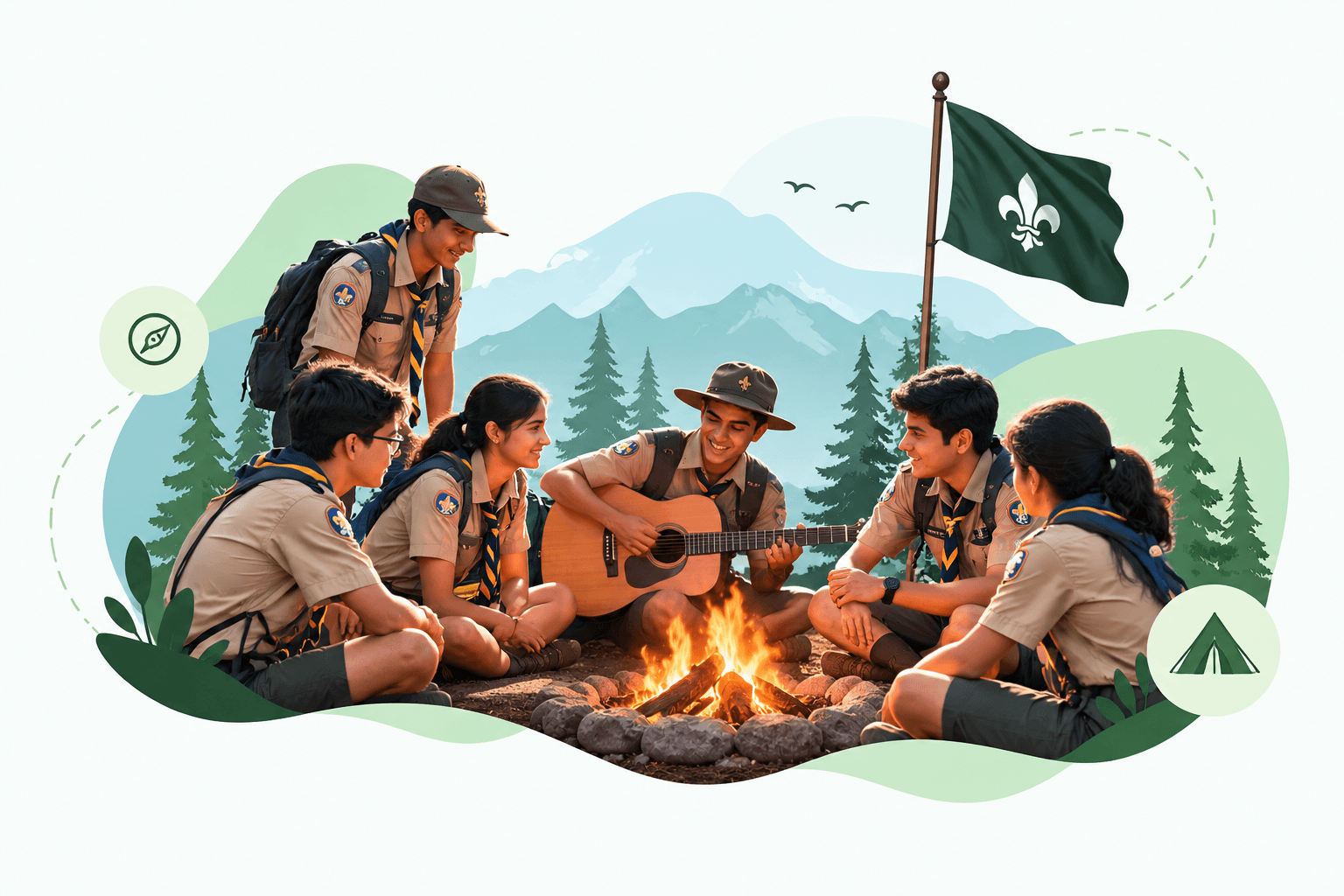 Scouts in uniform gathered around a campfire, one playing guitar, under a unit flag